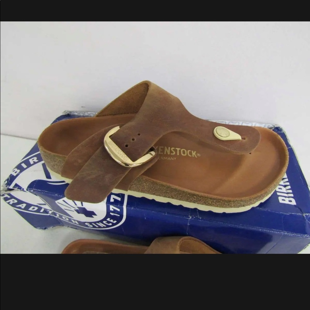 Birkenstock Women's 5/Men's 3 Gizeh Big Buckle Leather Thong Sandals Cognac - Picture 2 of 12